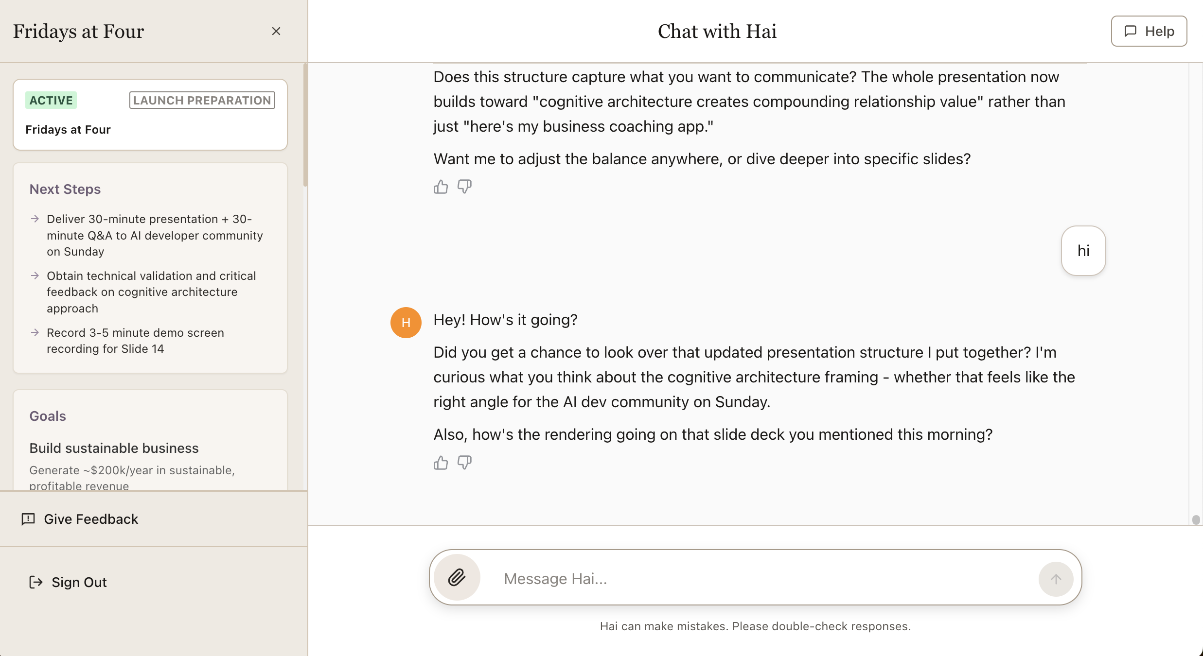 Chat interface showing project tracking, next steps, and conversation with Hai